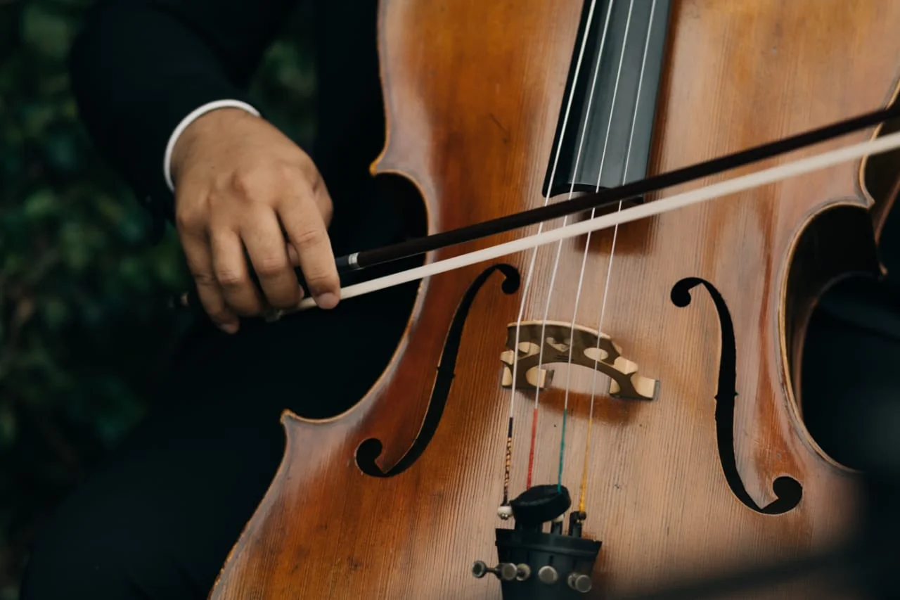 Detalhe de violoncelo durante apresentação musical